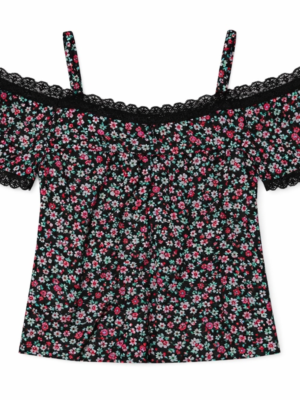 Floral Off Shoulder Top Boho Cottagecore Lace Trim Black Blouse Size M - Picture 4 of 4